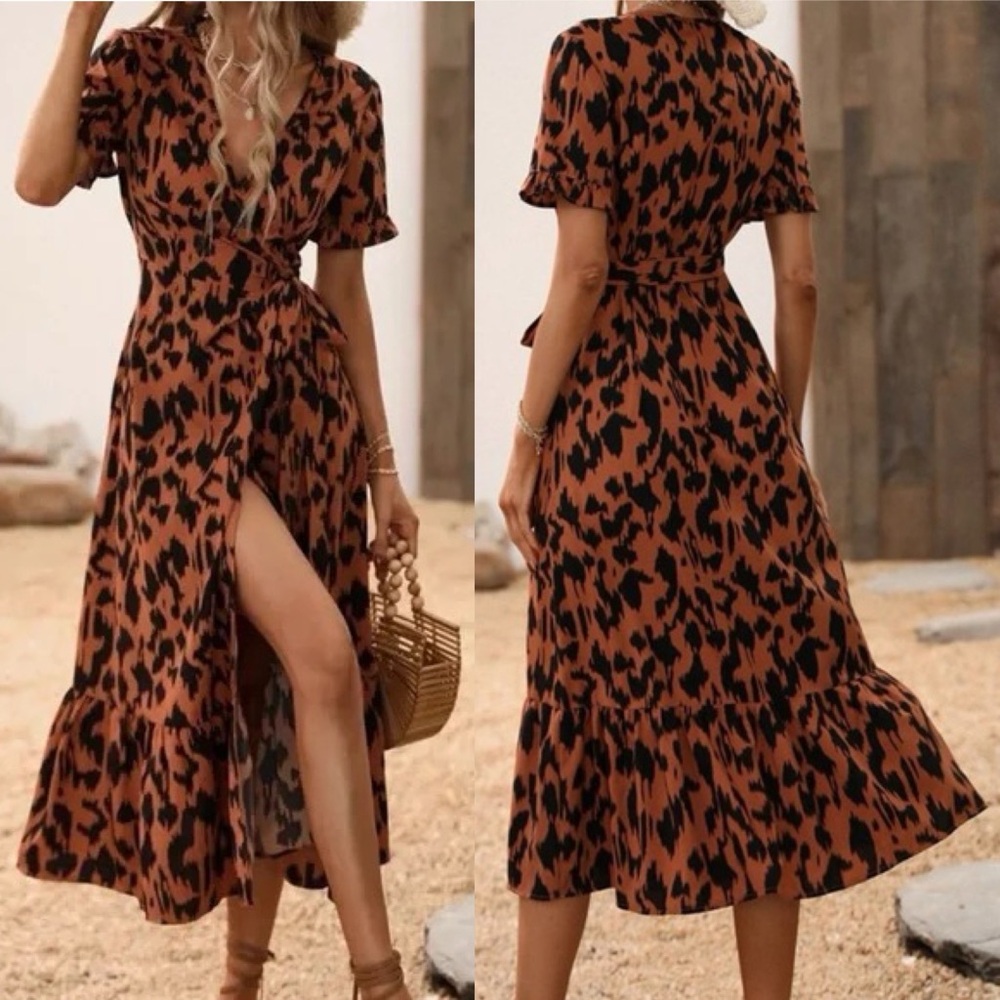 NWT Boutique Leopard Maxi Wrap Dress